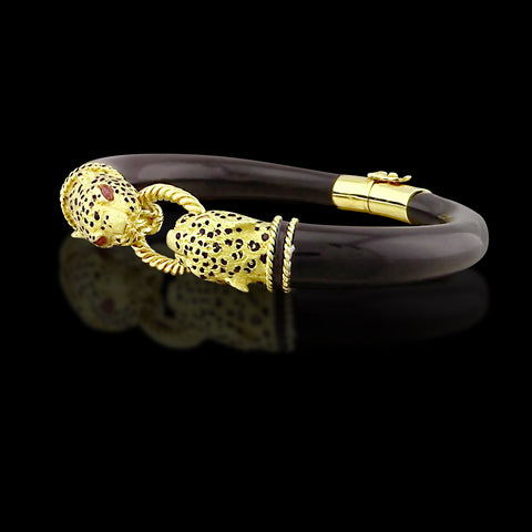 Vintage 18k Black Coral & Ruby Panther Bangle Bracelet, French