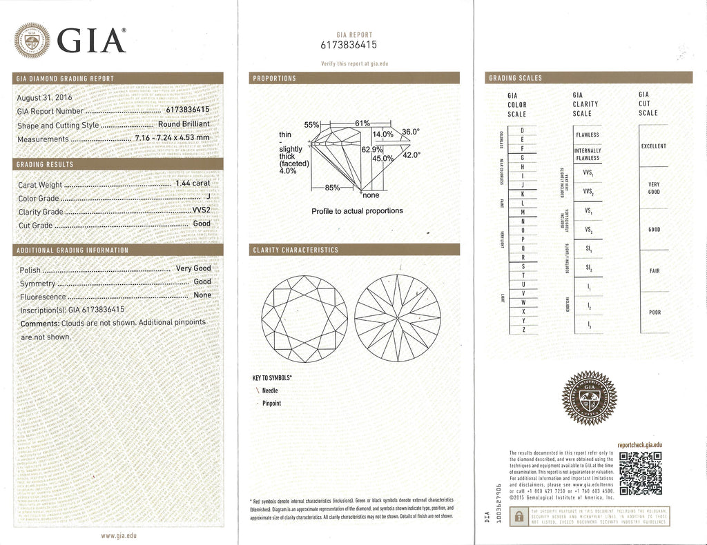 GIA 1.44 carat Round Brilliant Cut in Platinum Diamond Setting