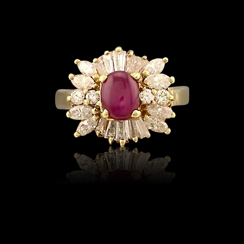 Vintage Ruby Cabochon & Diamond Cocktail Ring, circa 1960s