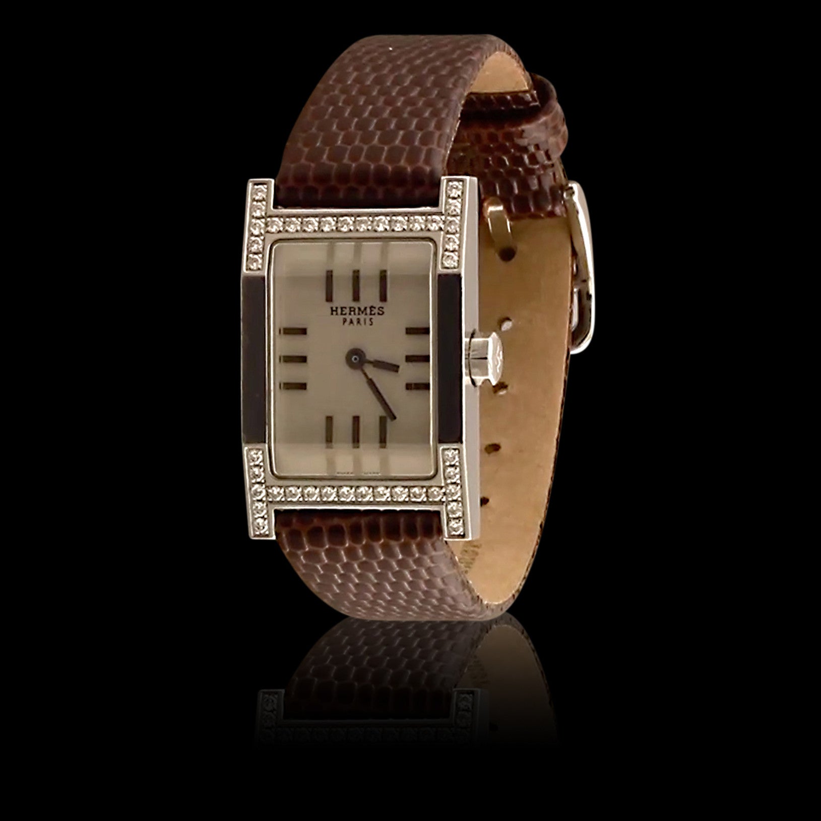 Hermes Tandem Diamond Stainless Steel Leather Strap Wristwatch