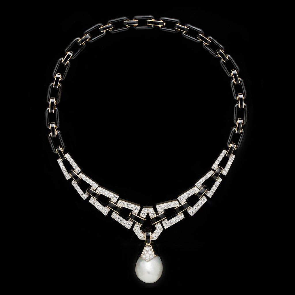 David Webb Pearl Diamond, Gold & Enamel Necklace with Detachable Pearl Pendant