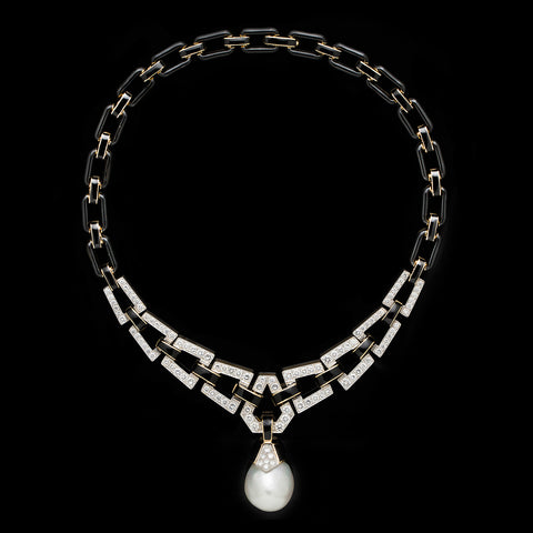 David Webb Pearl Diamond, Gold & Enamel Necklace with Detachable Pearl Pendant