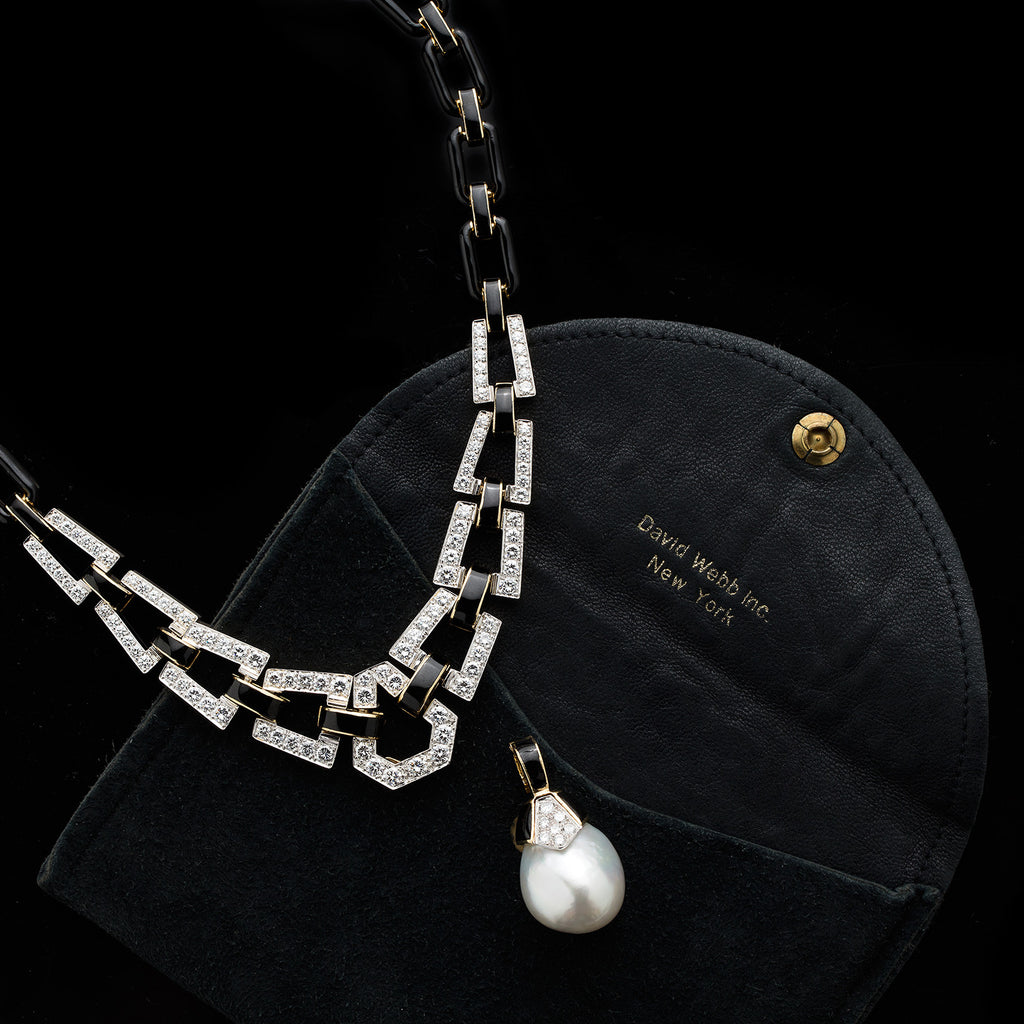 David Webb Pearl Diamond, Gold & Enamel Necklace with Detachable Pearl Pendant