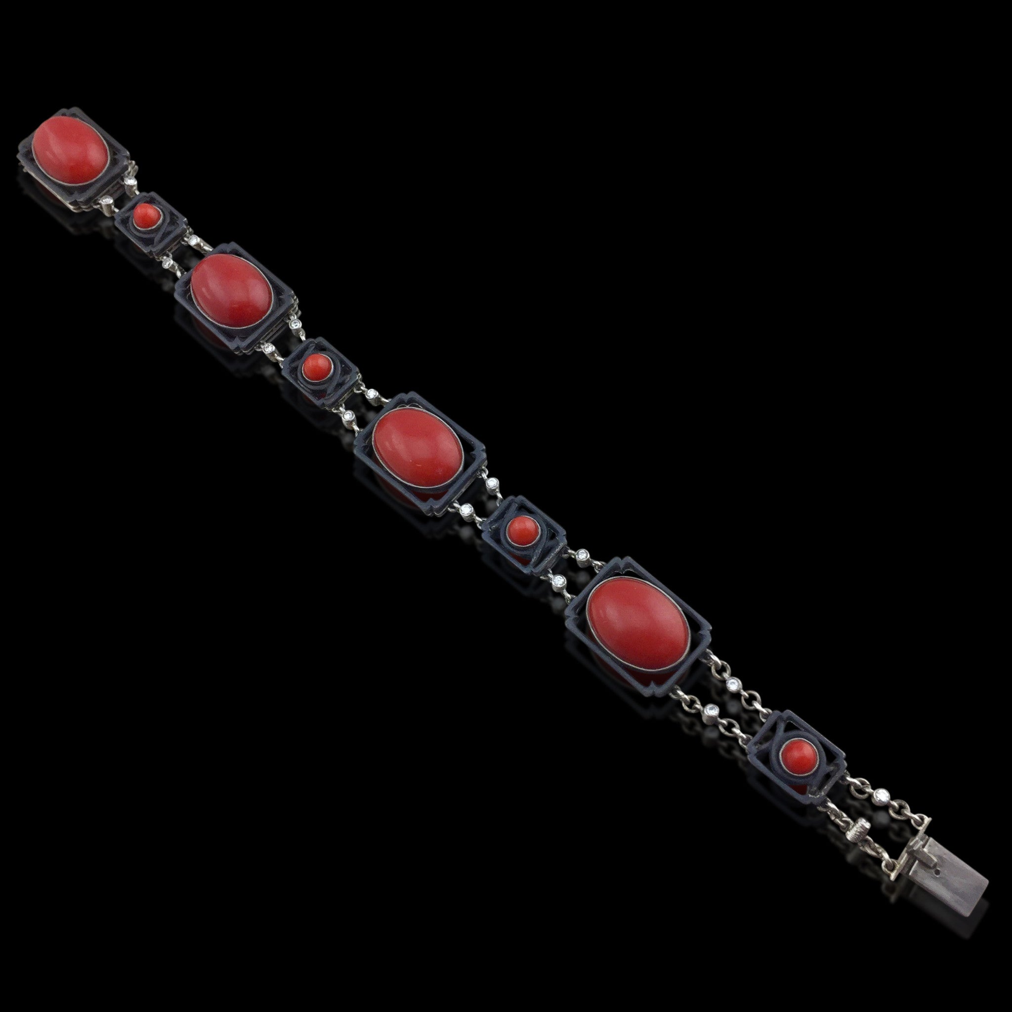 Marsh & Co. Coral Diamond Platinum Black Steel Bracelet, Art Deco 