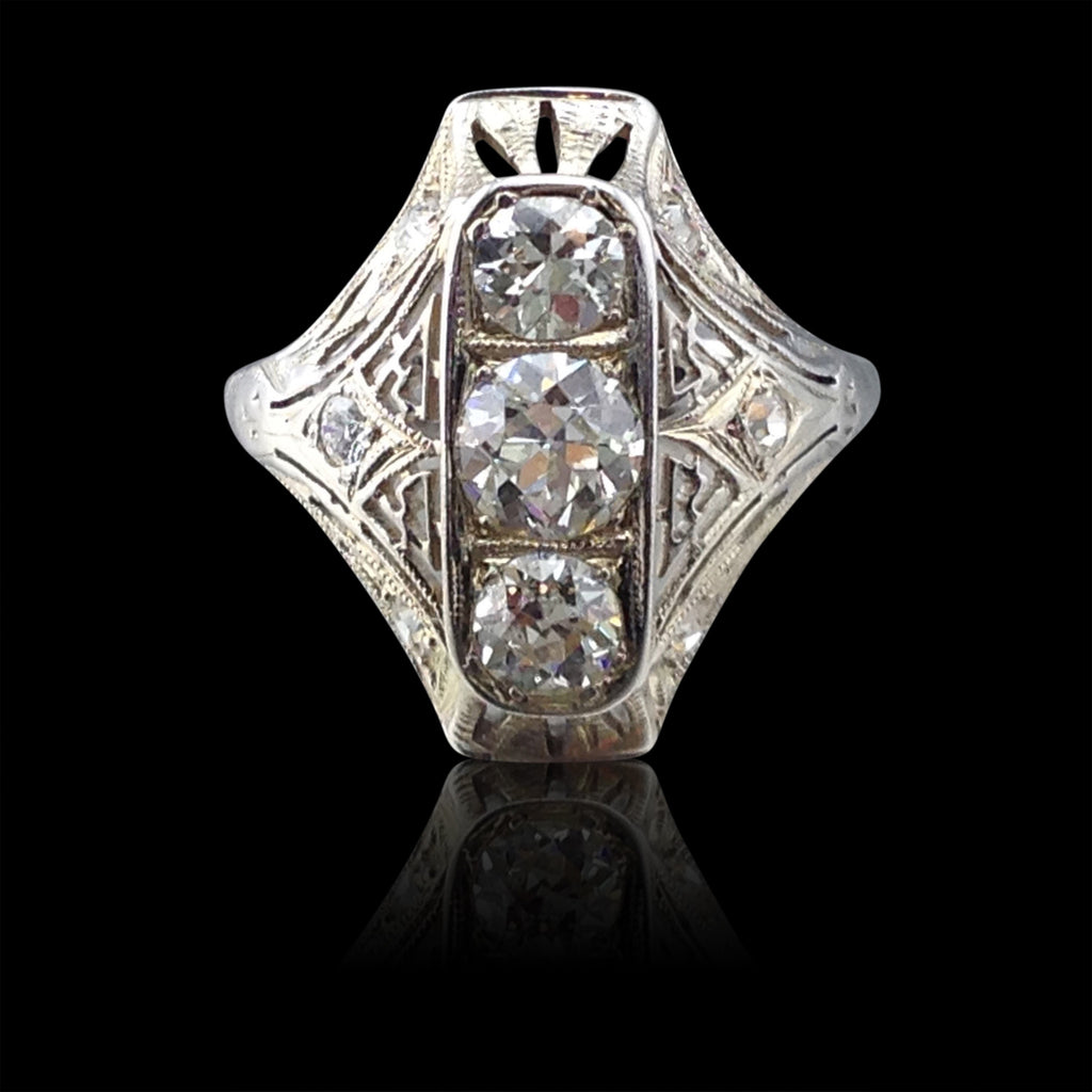 Antique Mixed Round-Cut Diamond 18k White Gold Ring