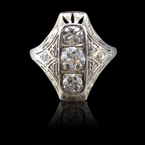 Antique Mixed Round-Cut Diamond 18k White Gold Ring