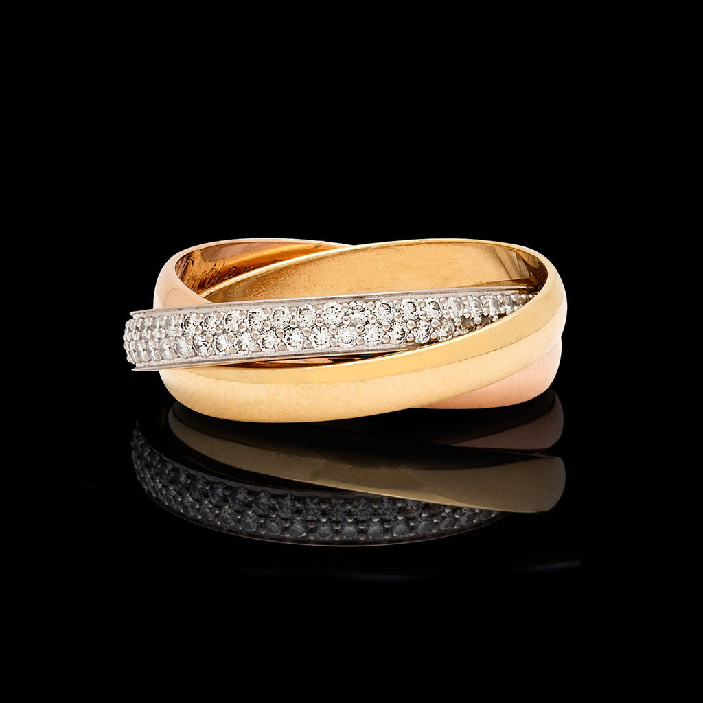 Cartier Diamond and 18k Tri-Color Gold Trinity Band