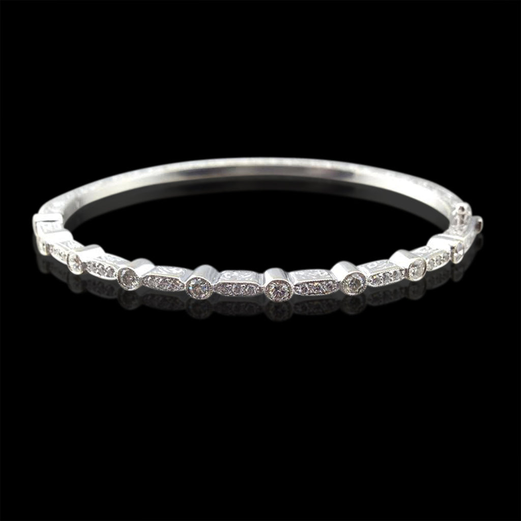 Engraved 18k White Gold Diamond Bangle Bracelet