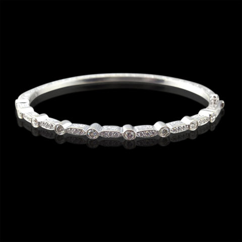 Engraved 18k White Gold Diamond Bangle Bracelet
