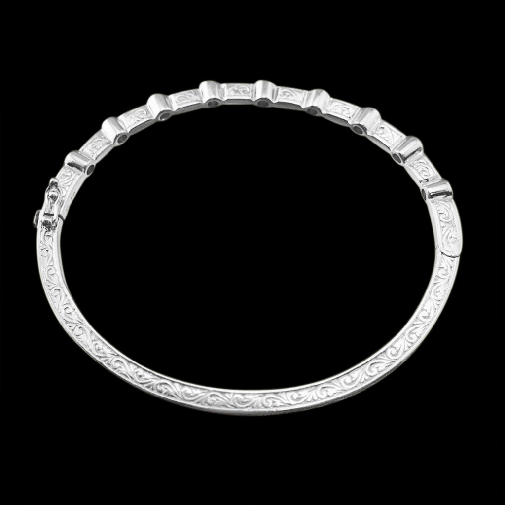 Engraved 18k White Gold Diamond Bangle Bracelet