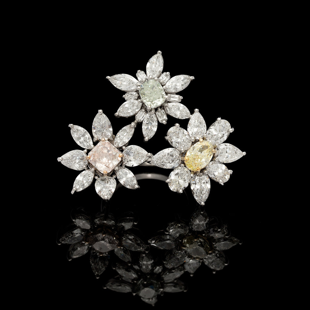 Exceptional GIA Fancy Color Diamond Flower Ring
