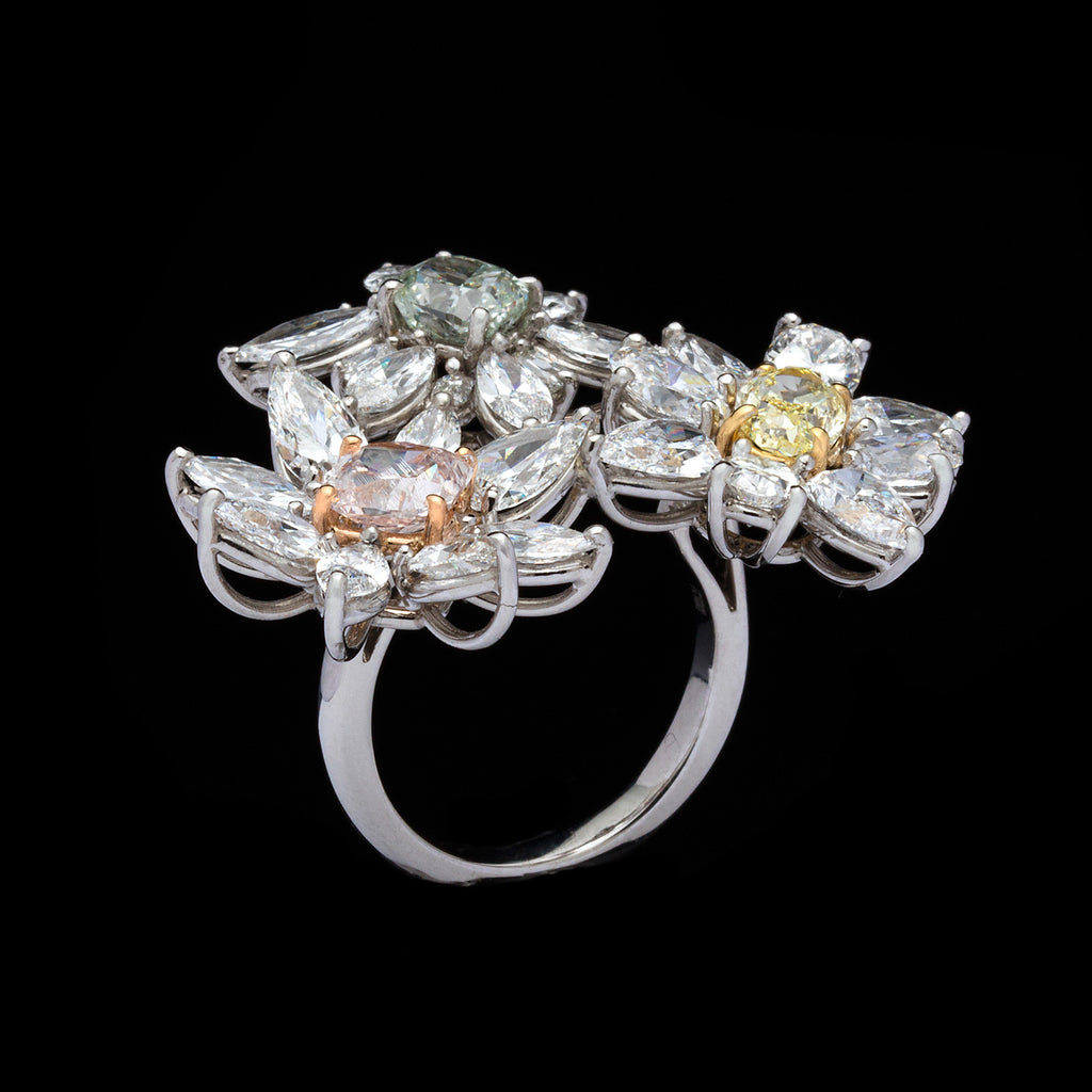 Exceptional GIA Fancy Color Diamond Flower Ring