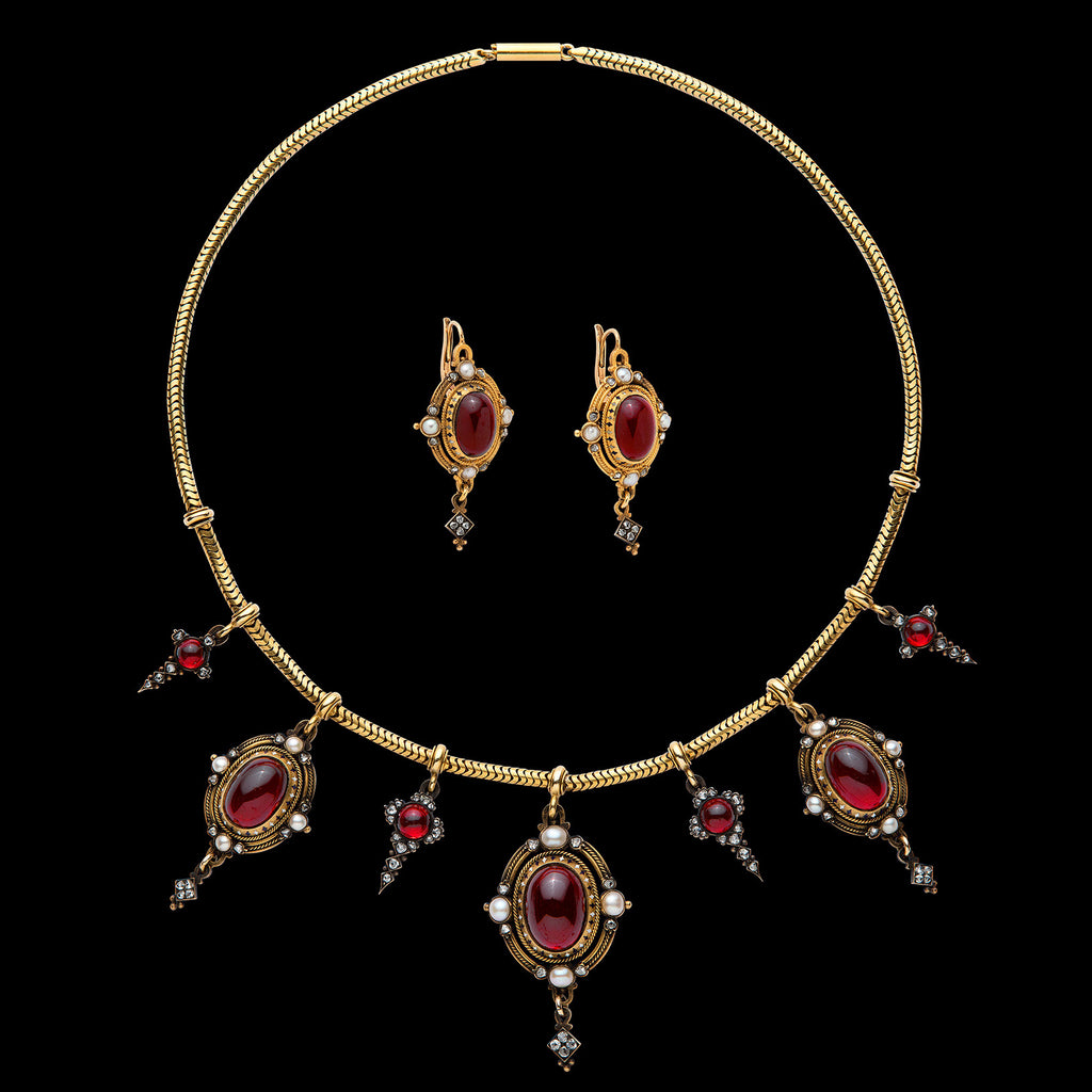 Mid 19th Century Garnet, Pearl & Diamond Necklace/Earrings Set