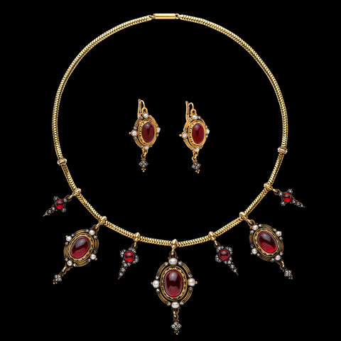 Mid 19th Century Garnet, Pearl & Diamond Necklace/Earrings Set