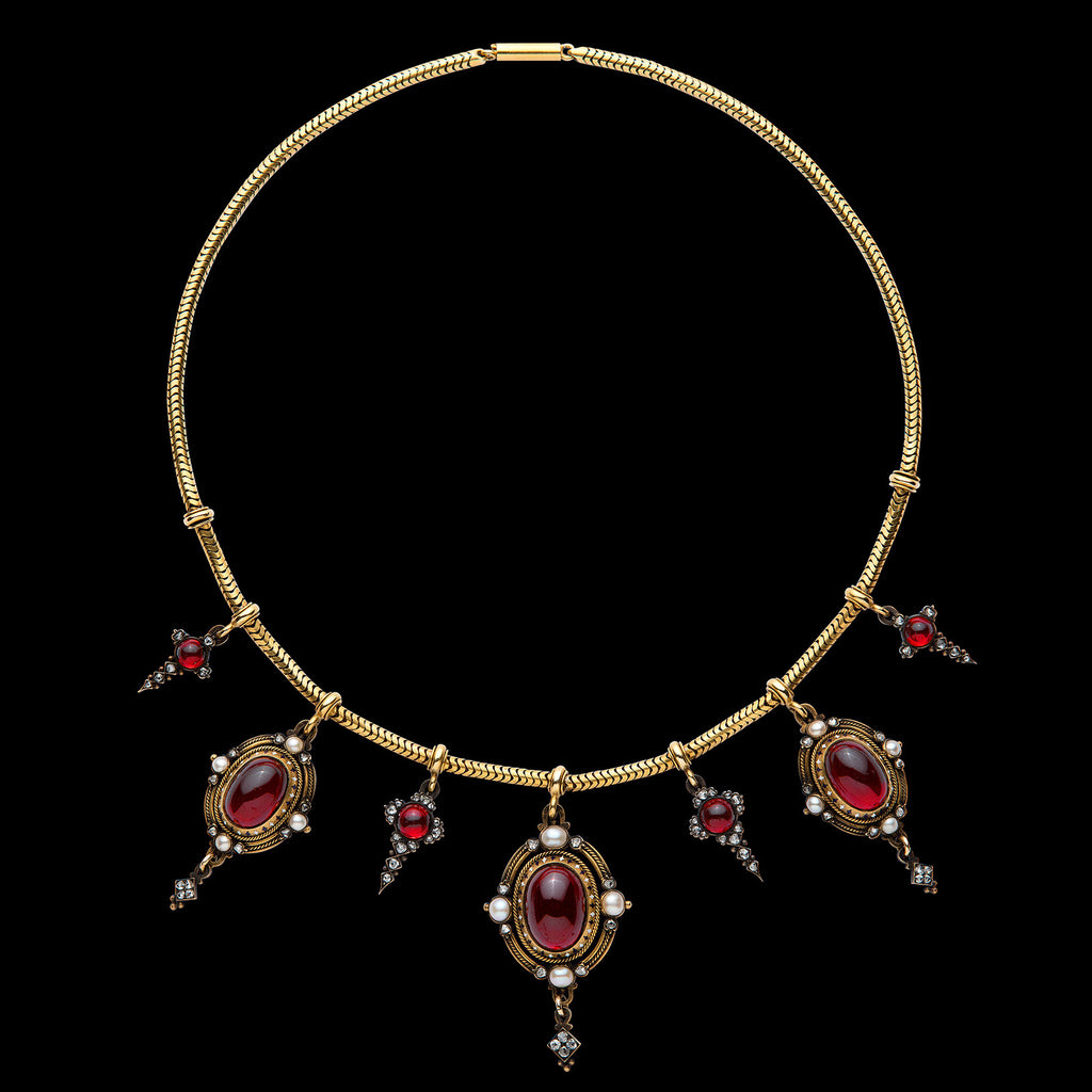 Mid 19th Century Garnet, Pearl & Diamond Necklace/Earrings Set