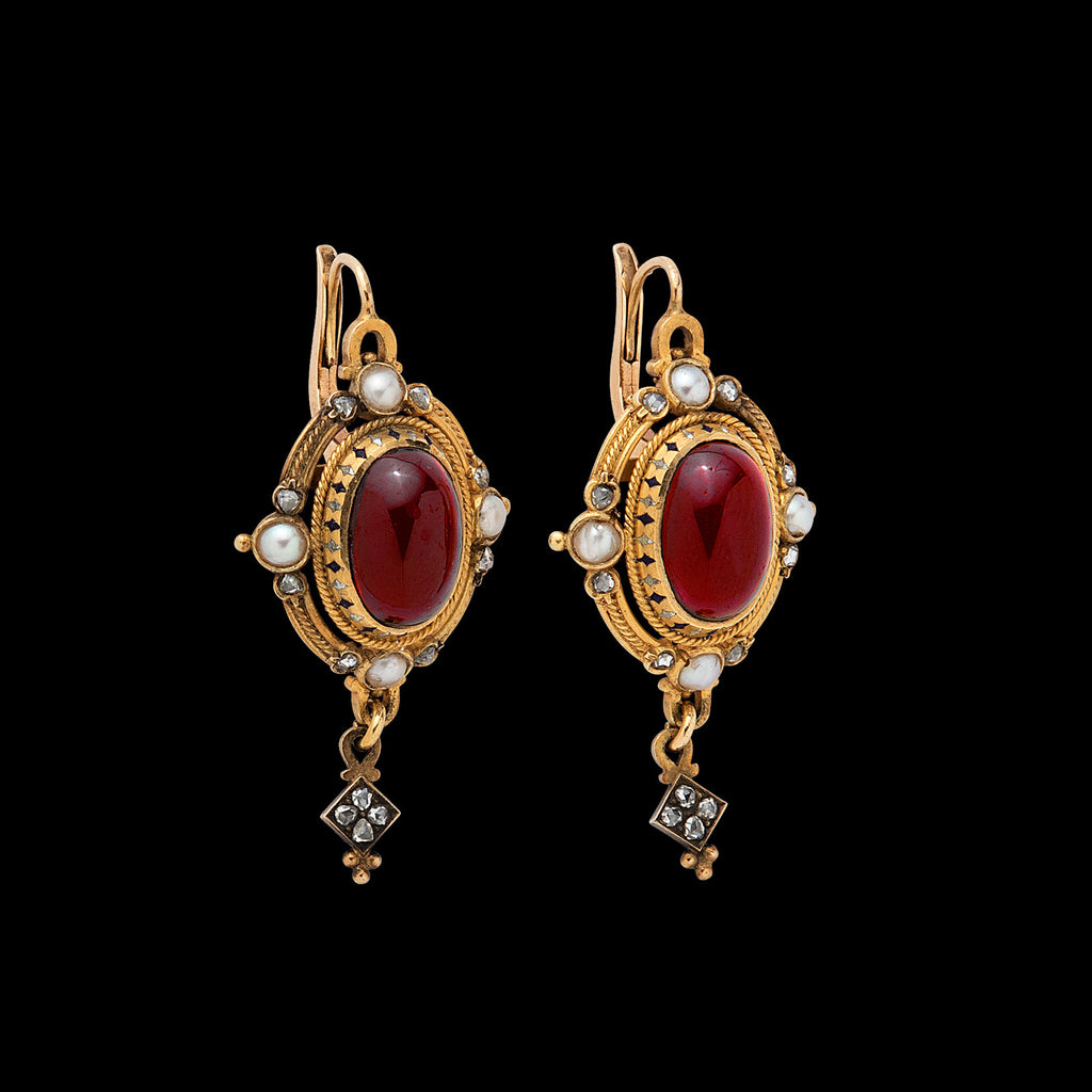 Mid 19th Century Garnet, Pearl & Diamond Necklace/Earrings Set