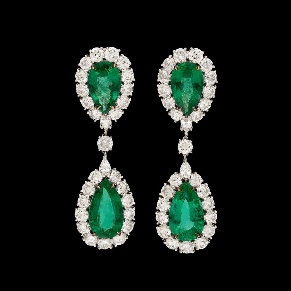 Pear Shaped Emerald and Diamond Drop Earrings