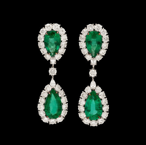 Pear Shaped Emerald and Diamond Drop Earrings