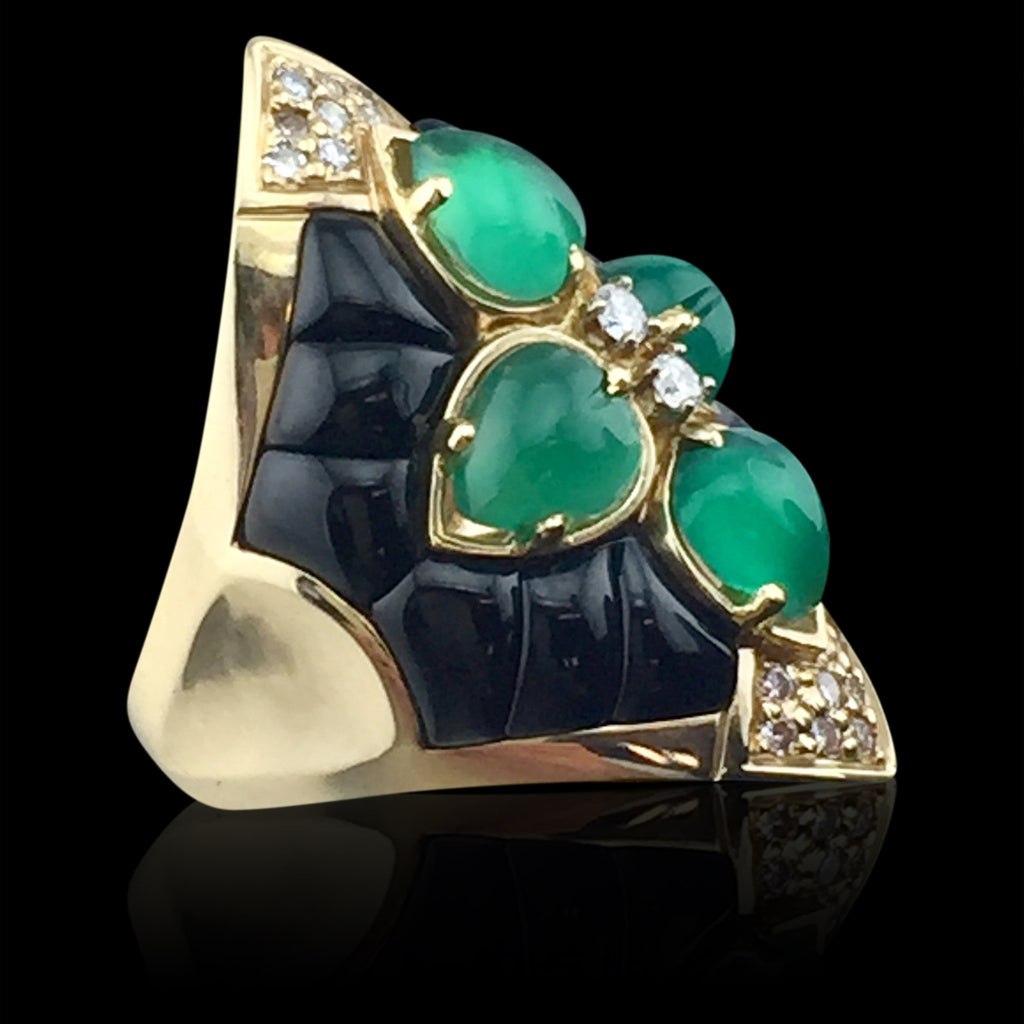 Black Jade, Diamond & Green Stone Gold Ring