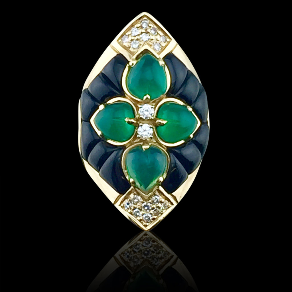 Black Jade, Diamond & Green Stone Gold Ring