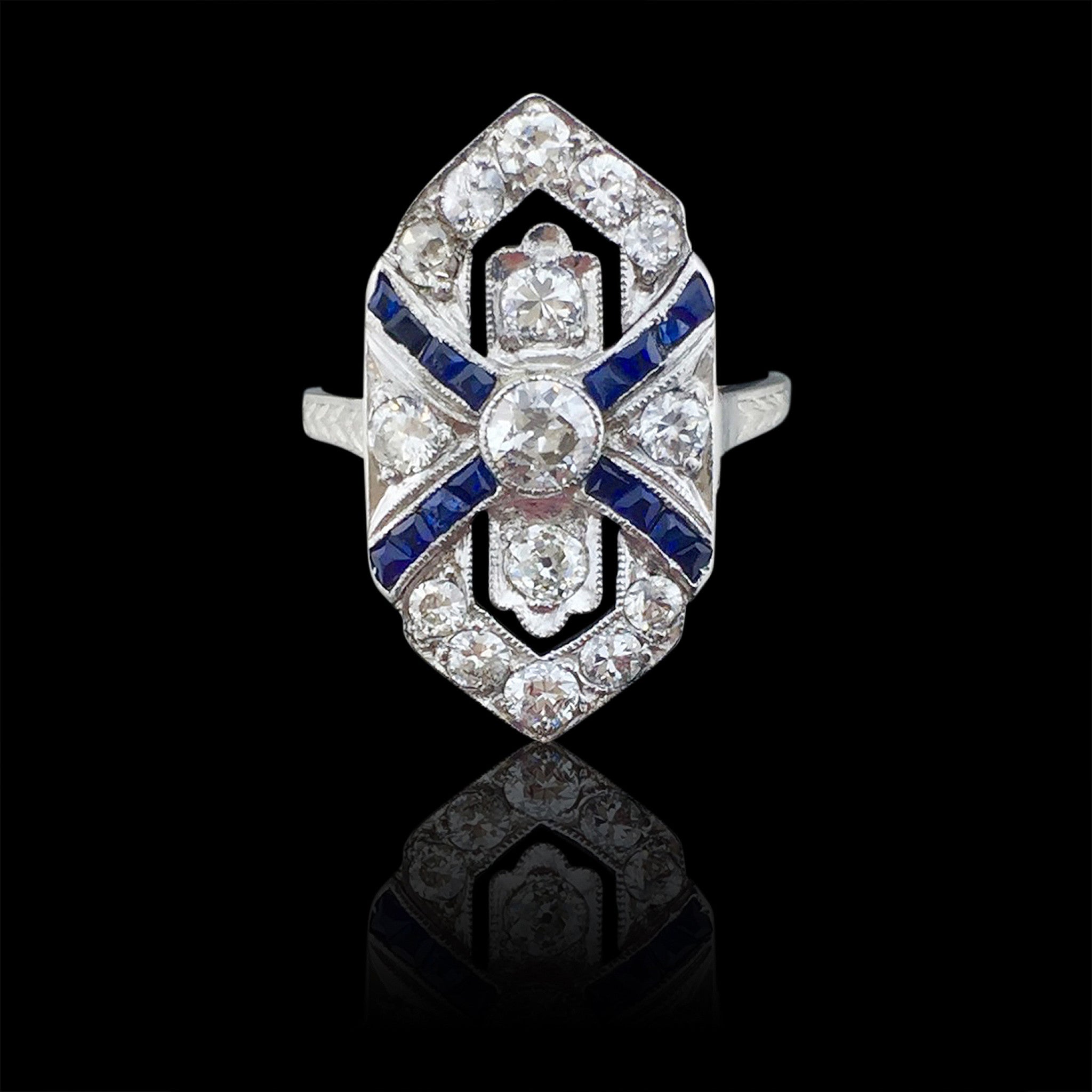 Antique Diamond Sapphire Shield Ring 66mint Fine Estate Jewelry
