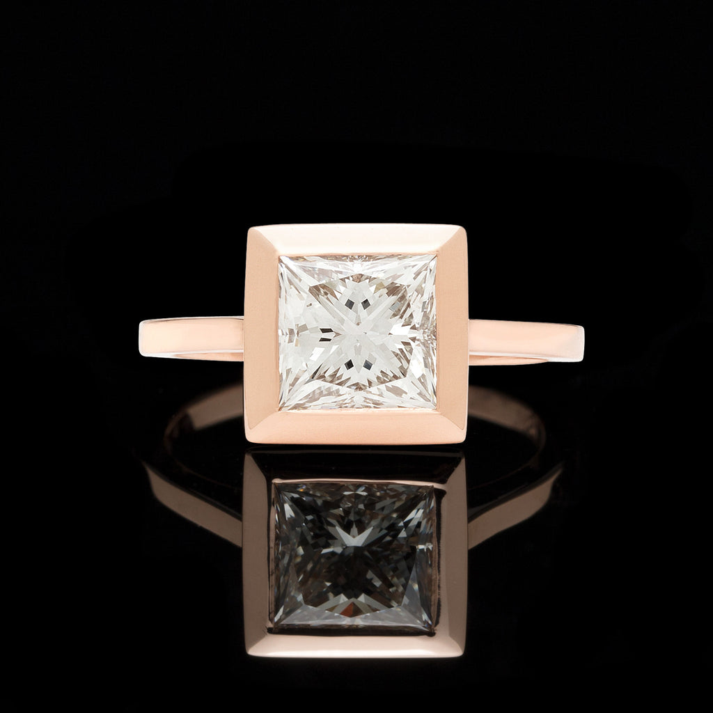 Custom 18kt Rose Gold Ring Featuring GIA 2.02ct Princess Cut