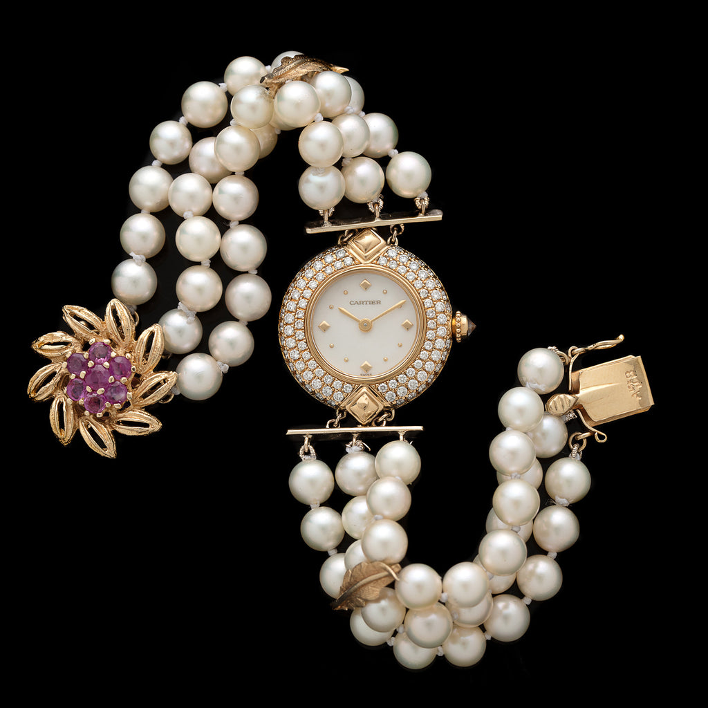 One-Of-A-Kind Cartier Diamond & Pearl Gold Watch