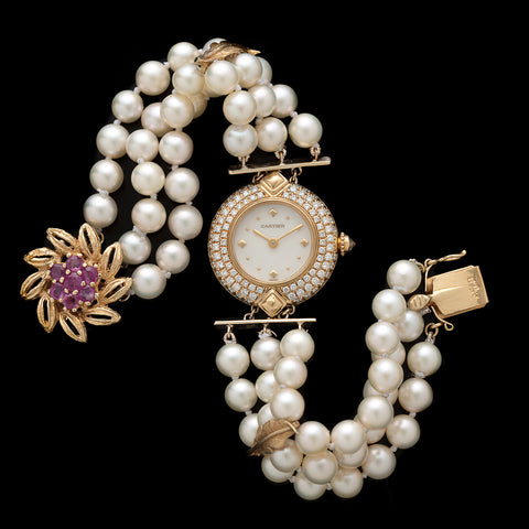 One-Of-A-Kind Cartier Diamond & Pearl Gold Watch