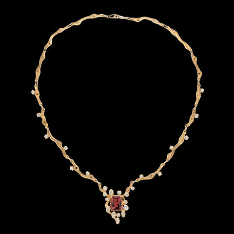 18kt Yellow Gold Pinkish Red Tourmaline & Diamond Necklace