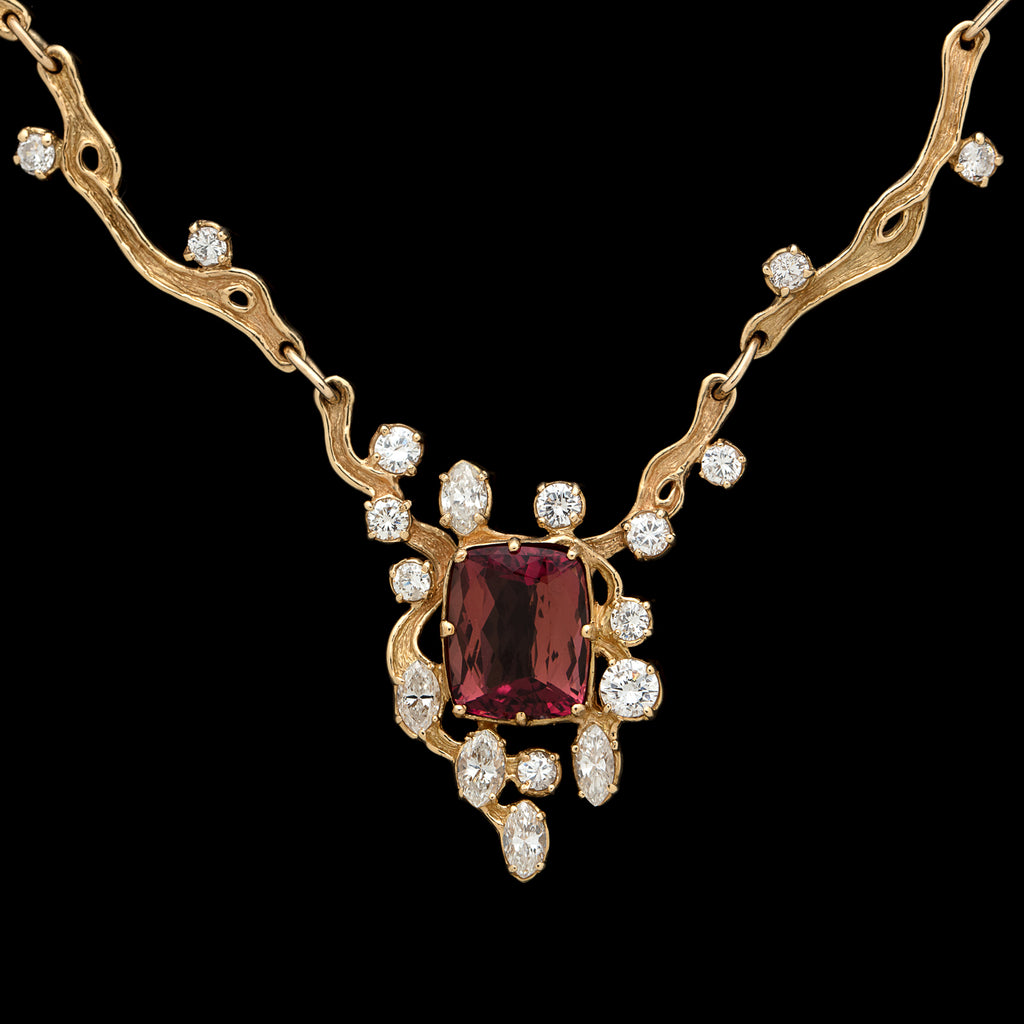 18kt Yellow Gold Pinkish Red Tourmaline & Diamond Necklace