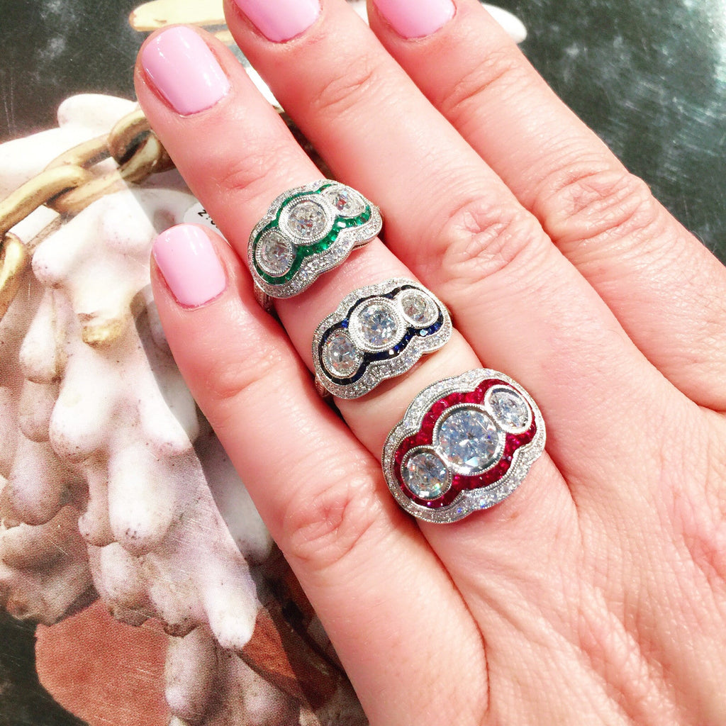 Three-Stone Old Mine Cut Diamond & Emerald Platinum Ring