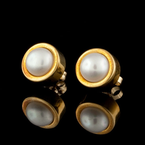Bezel Set Pearl Stud Earrings
