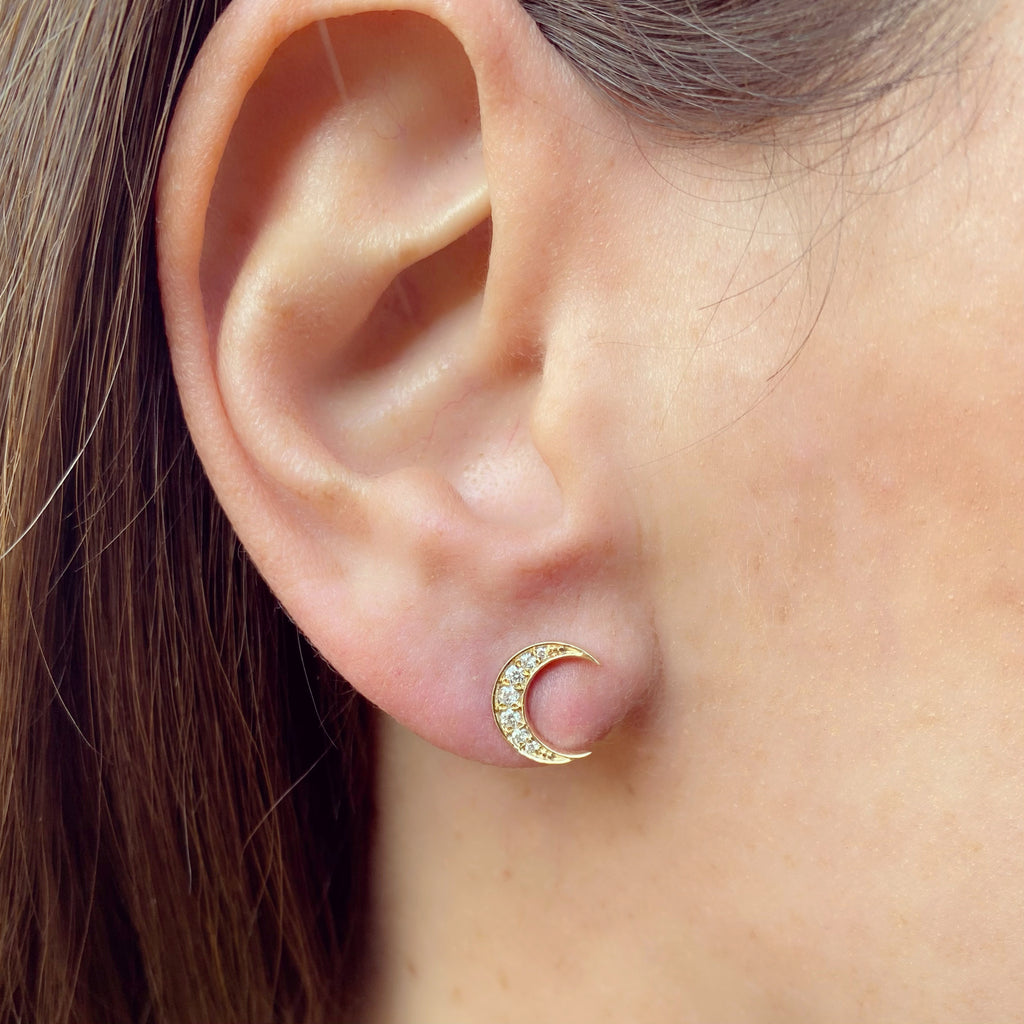 "Crescent Moon" Diamond & Yellow Gold Earrings