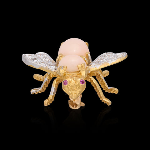 Vintage Herbert Rosenthal Coral & Diamond Bee Brooch