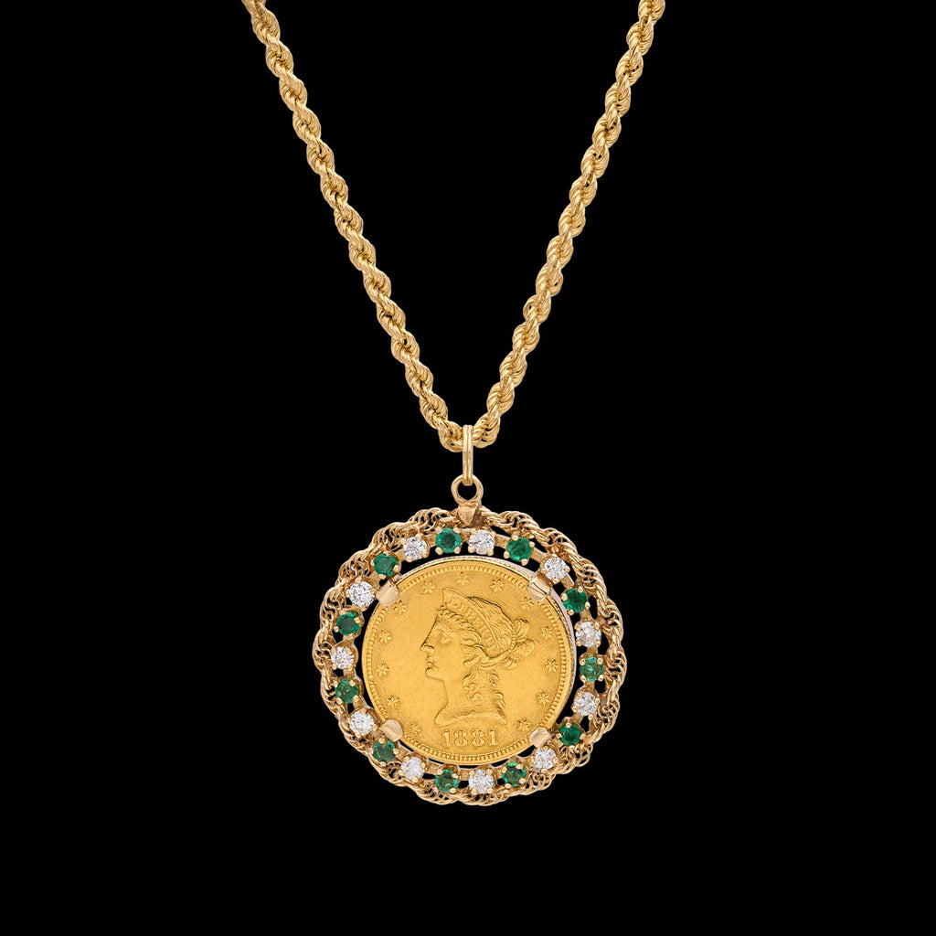 Estate Diamond, Emerald & Gold Coin Pendant-Necklace