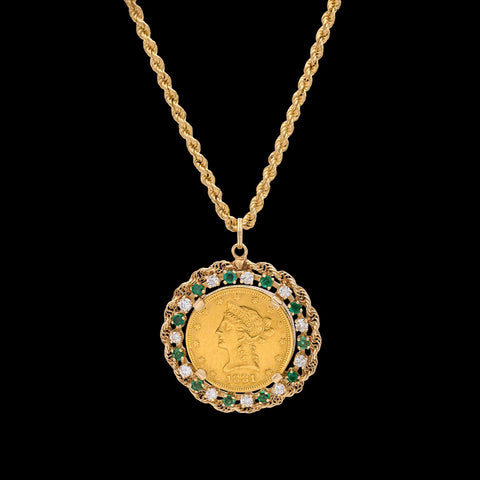Estate Diamond, Emerald & Gold Coin Pendant-Necklace