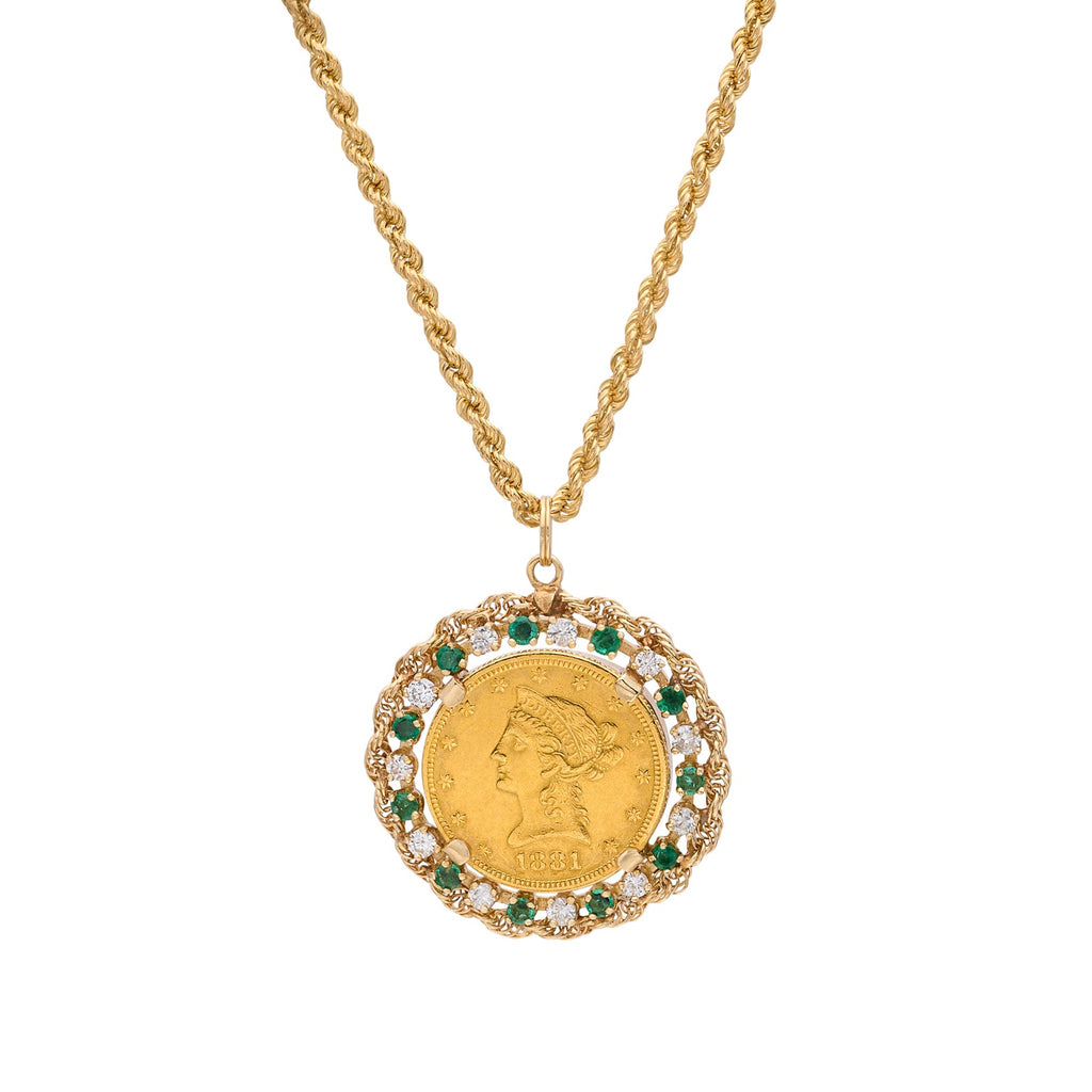 Estate Diamond, Emerald & Gold Coin Pendant-Necklace