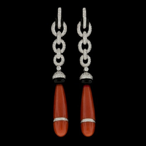 Deco Style Coral, Onyx, Diamond Dangles