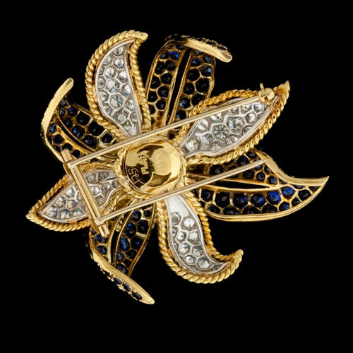 Diamond & Sapphire Flower Petal Brooch1