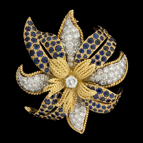 Diamond & Sapphire Flower Petal Brooch
