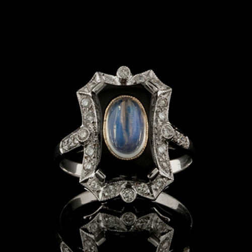 Moonstone, Diamond & Onyx Ring