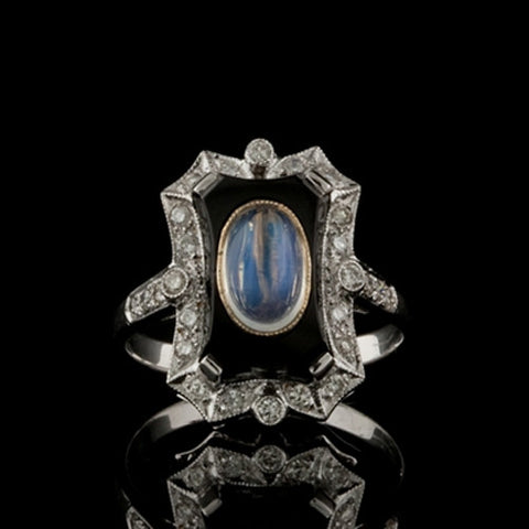 Moonstone, Diamond & Onyx Ring