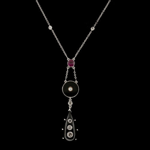 Onyx, Diamond, Ruby Lavaliere Necklace1