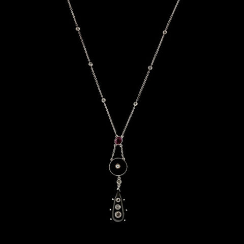 Onyx, Diamond, Ruby Lavaliere Necklace