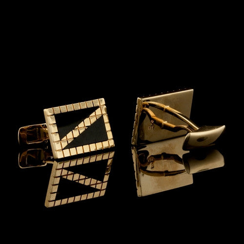 Onyx & Gold Grid Rectangular Cuff Links2
