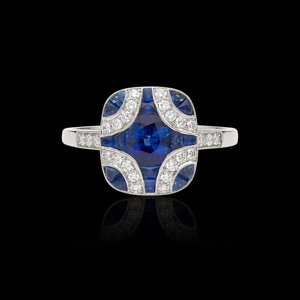 Art Deco Style Sapphire and Diamond Platinum Ring