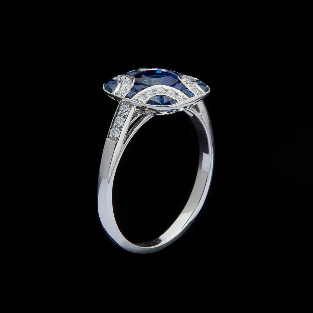 Art Deco Style Sapphire and Diamond Platinum Ring