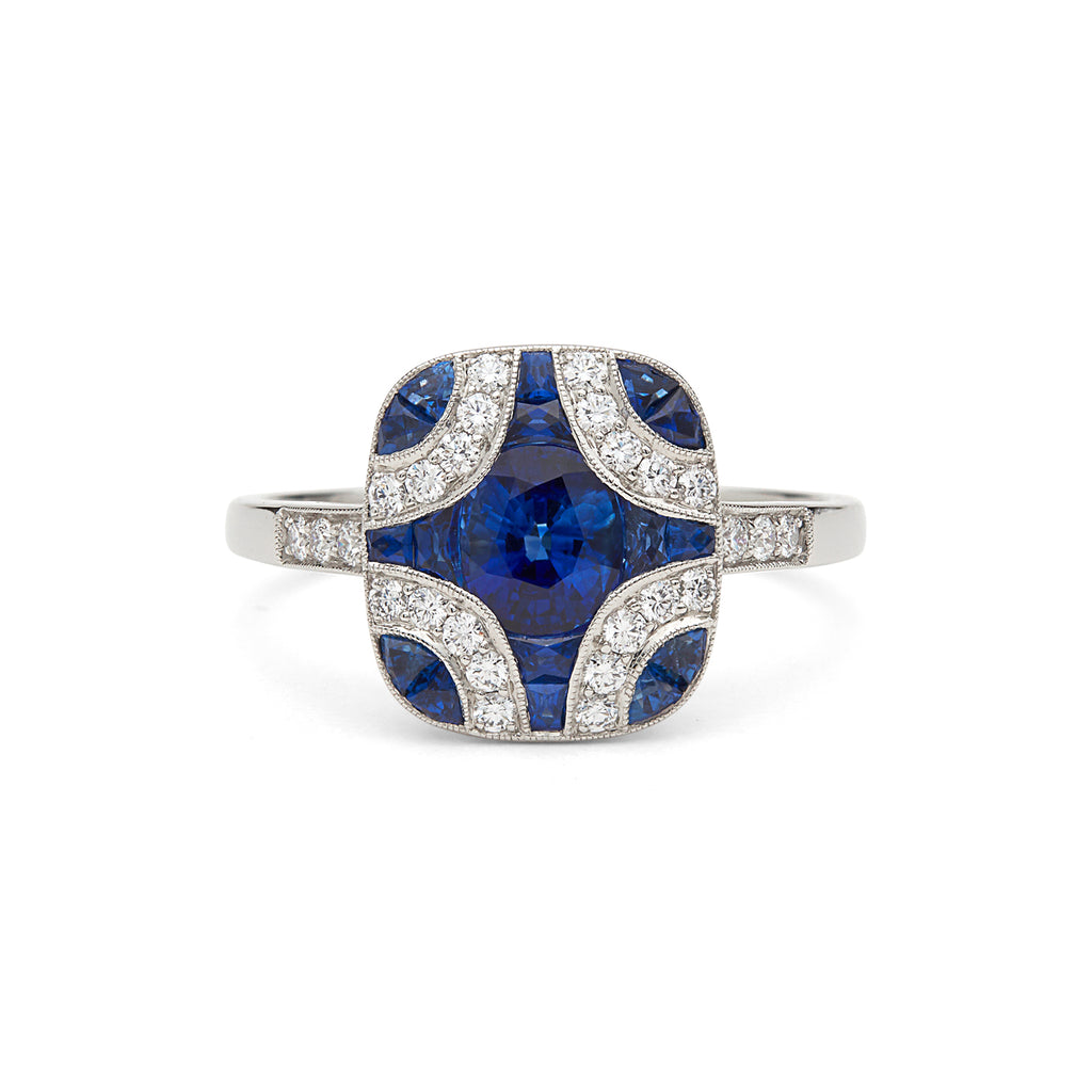 Art Deco Style Sapphire and Diamond Platinum Ring