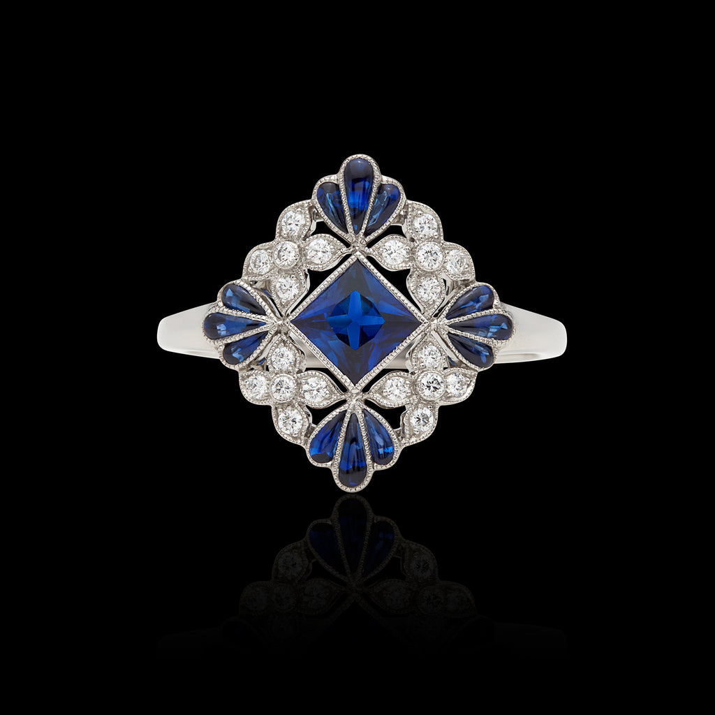 Lovely Floral Sapphire & Diamond Platinum Ring