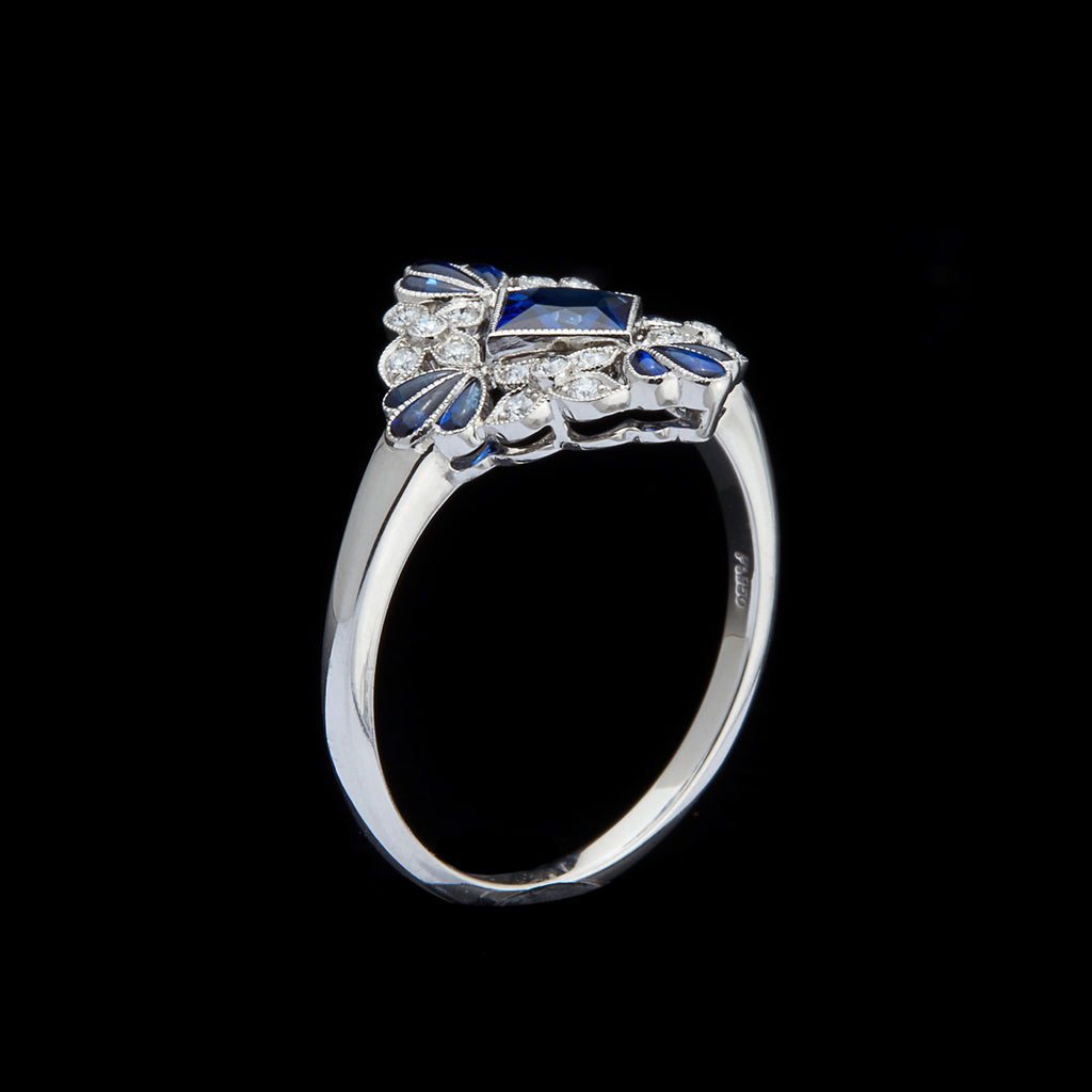 Lovely Floral Sapphire & Diamond Platinum Ring